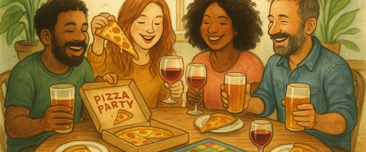 Four diverse adults laugh and enjoy pizza and drinks while playing a board game around a wooden table in a cozy, sunlit room with leafy plants and a window.