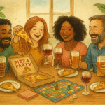 Four diverse adults laugh and enjoy pizza and drinks while playing a board game around a wooden table in a cozy, sunlit room with leafy plants and a window.