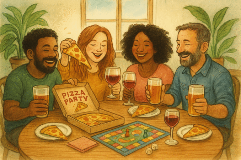 Four diverse adults laugh and enjoy pizza and drinks while playing a board game around a wooden table in a cozy, sunlit room with leafy plants and a window.